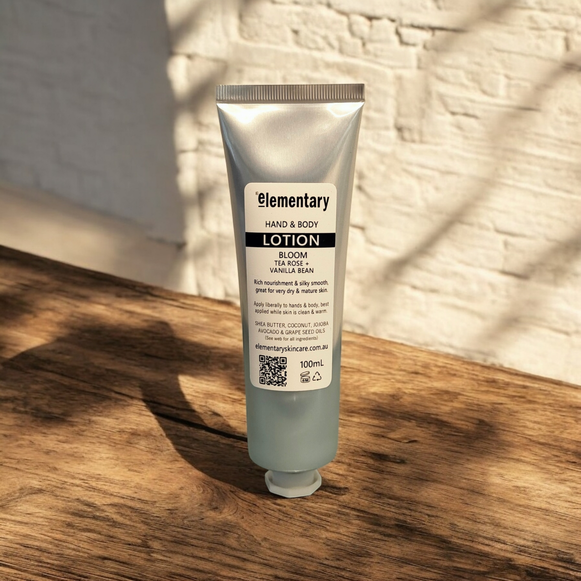 Bloom Hand & Body Lotion with Rose & Aloe Vera. Australian made using all natural ingredients by Elementary Skin Care. No nasty chemical, recycleable packaging.