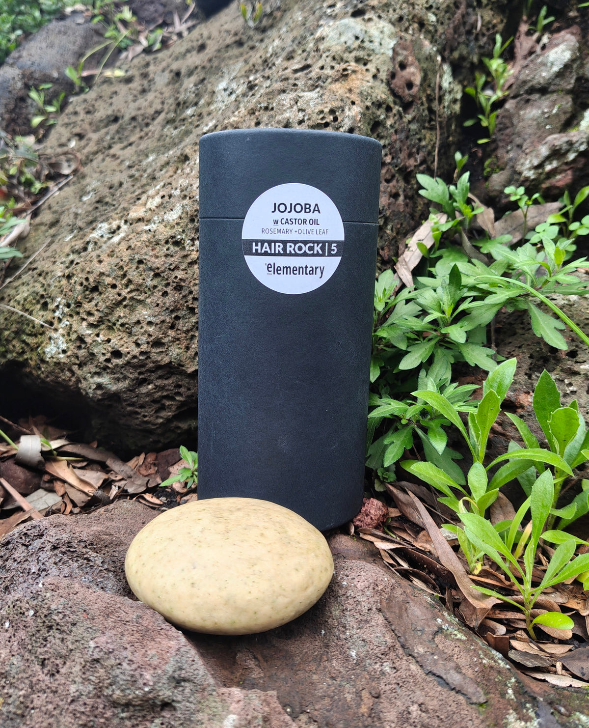 A multi-pack of 'JOJOBA & CASTOR OIL HAIR ROCKS by Elementary' stands on a rock outdoors, with an example of the shampoo bar placed in front and green plants around it.