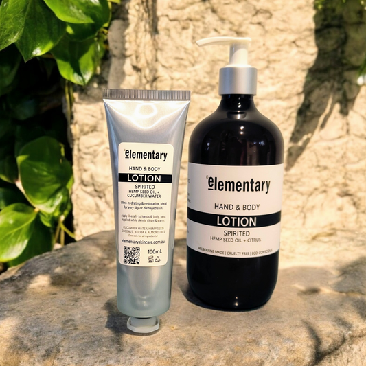 Spirited Hand & Body Lotion by Elementary Skin Care. Made in Melbourne, Australia using all natural ingredients. Contains restorative Hemp Seed Oil and Cucumber Hydrosol.