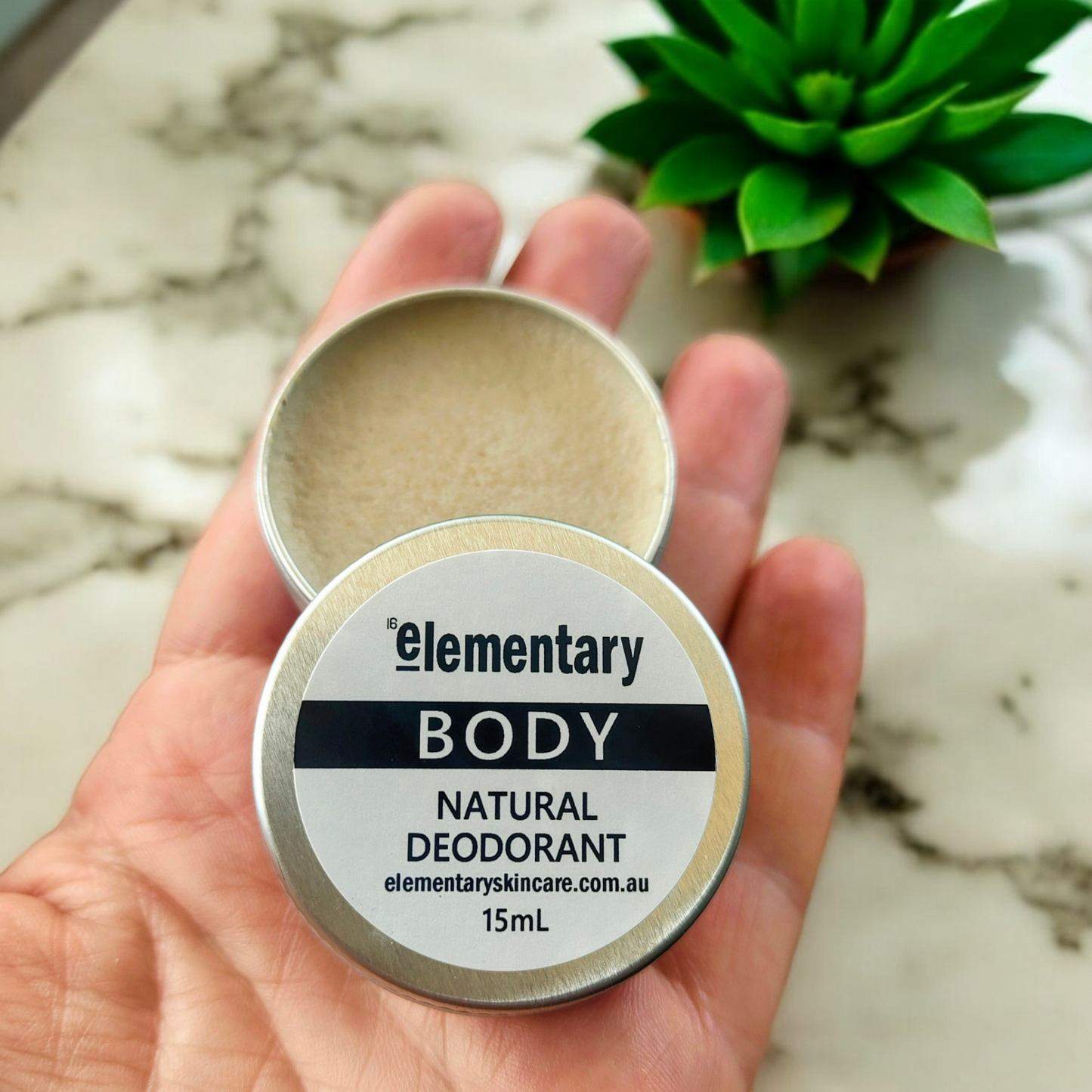 Elementary Natural Deodorant with organic ingredients and essential oils. No bi-carb or nasty ingredients.