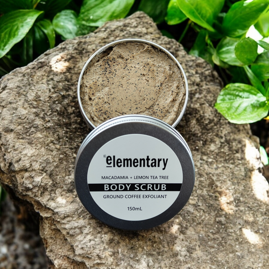 Body Scrub with Ground Coffee, Macadamia Oil & Lemon Scented Tea Tree oil. Cleanse, exfoliate and buff skin all in one! Elementary Skin Care, Melbourne