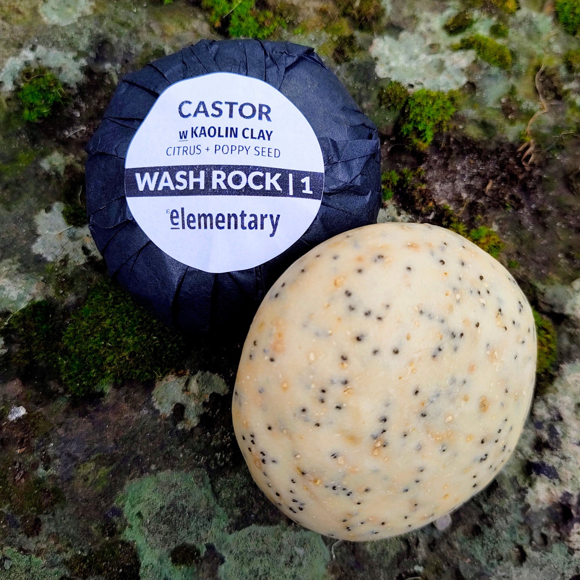 Elementary Castor Oil, Citrus & Poppy Seed exfoliating wash rock, botanical body soap bar