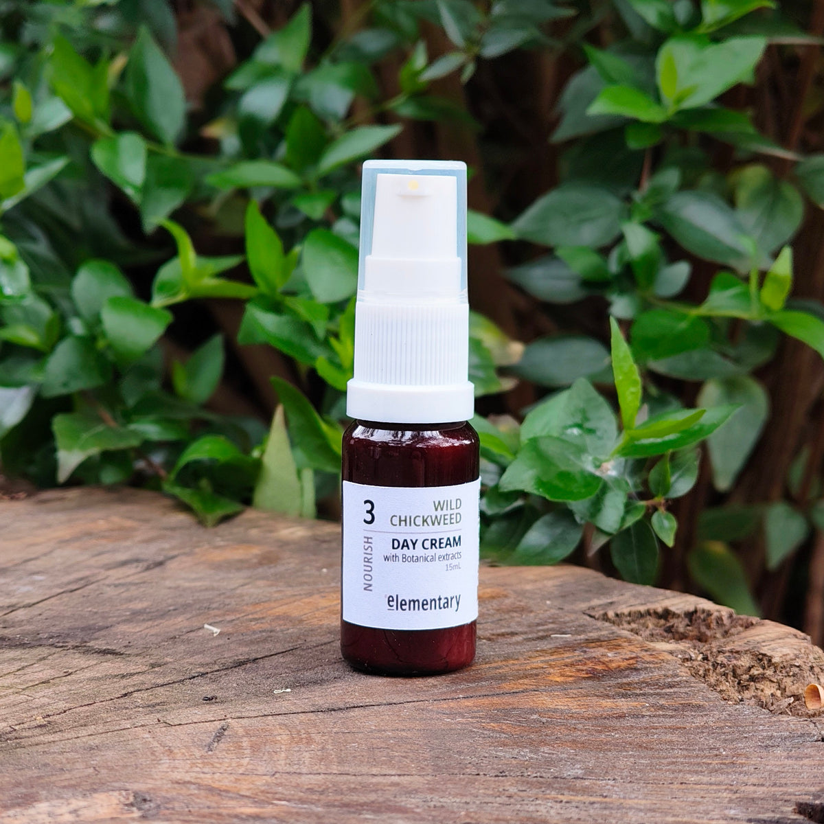 A small amber pump bottle of Elementary Brand Wild Chickweed Day Cream with a white pump and label, standing on a rustic wooden surface with a background of green foliage.
