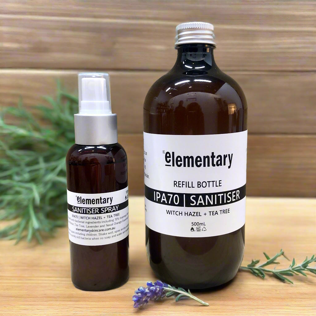 IPA70 Naural Hand Sanitiser Spray by Ellementary Skin Care. Proven to assist with reducing the spread of bacterial & viral pathogens such as the Common cold, Coronavirus and Influenza.