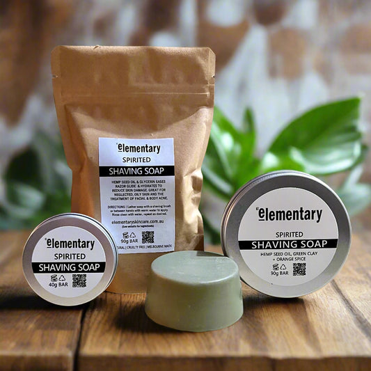 Elementary Solid Shaving Soap Bars are Silky smooth and lather generously with a fresh spicy unisex citrus fragrance. Handmade in Melbourne, using all natural ingredients. No nasty chemicals.