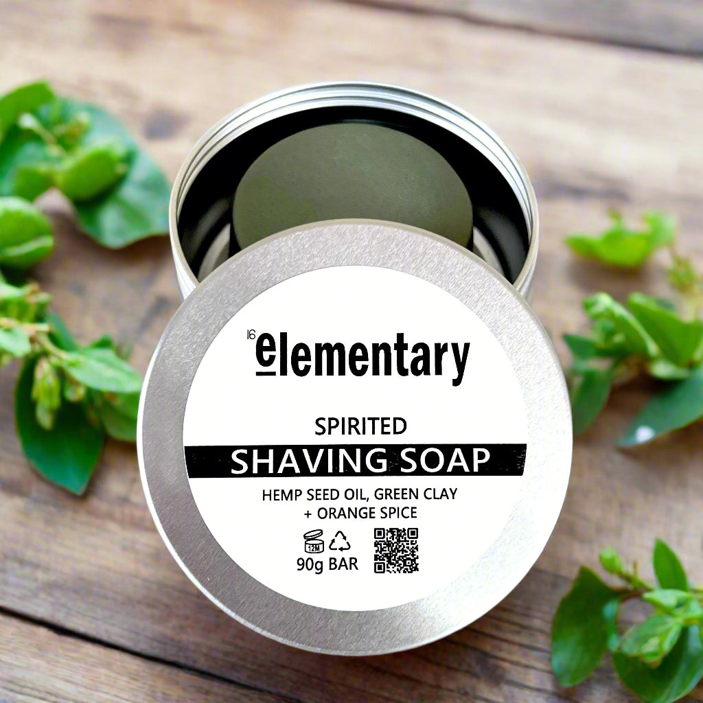 Elementary Solid Shaving Soap Bars are Silky smooth and lather generously with a fresh spicy unisex citrus fragrance. Handmade using all natural ingredients. Hemp Seed Oil, Green Clay and unisex spicy citrus fragrance.